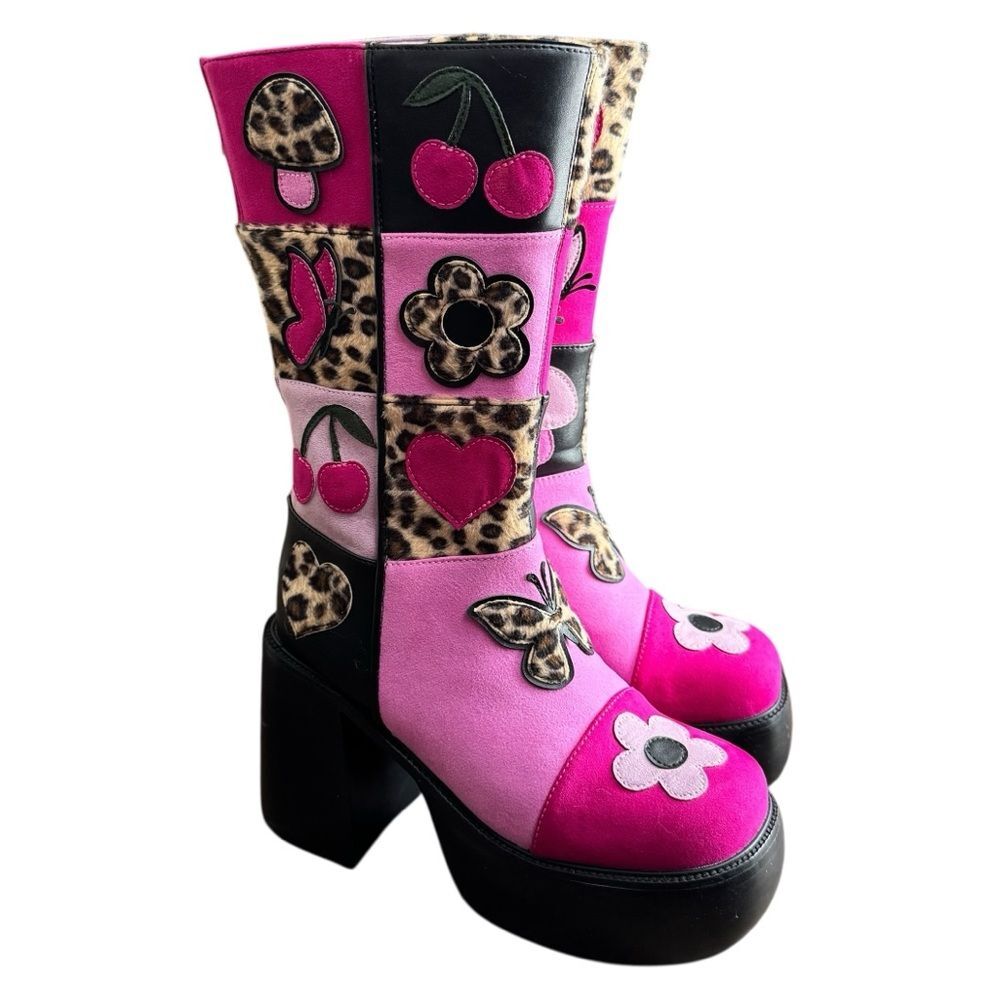 dELiA*s Pink & Black Platform Knee High Boots with Butterfly and Cherry Accent - Picture 2 of 9